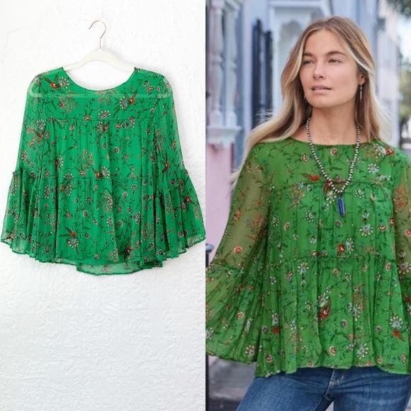 Sundance Tops - Sundance Tiered Bell Sleeve Green Floral Flowy Blouse Sz XS